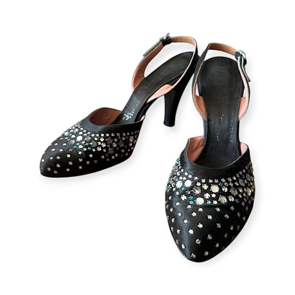Vintage Saks-Fifth Avenue/Fenton Footwear Black Satin Beaded Slingback Pumps, 8A - Picture 2 of 15